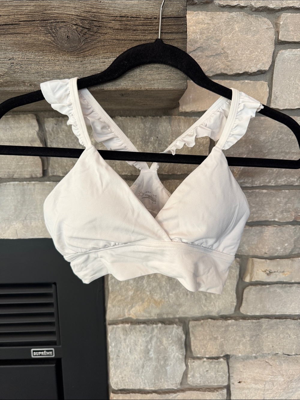 aerie White Ruffle Strap Sports Bra